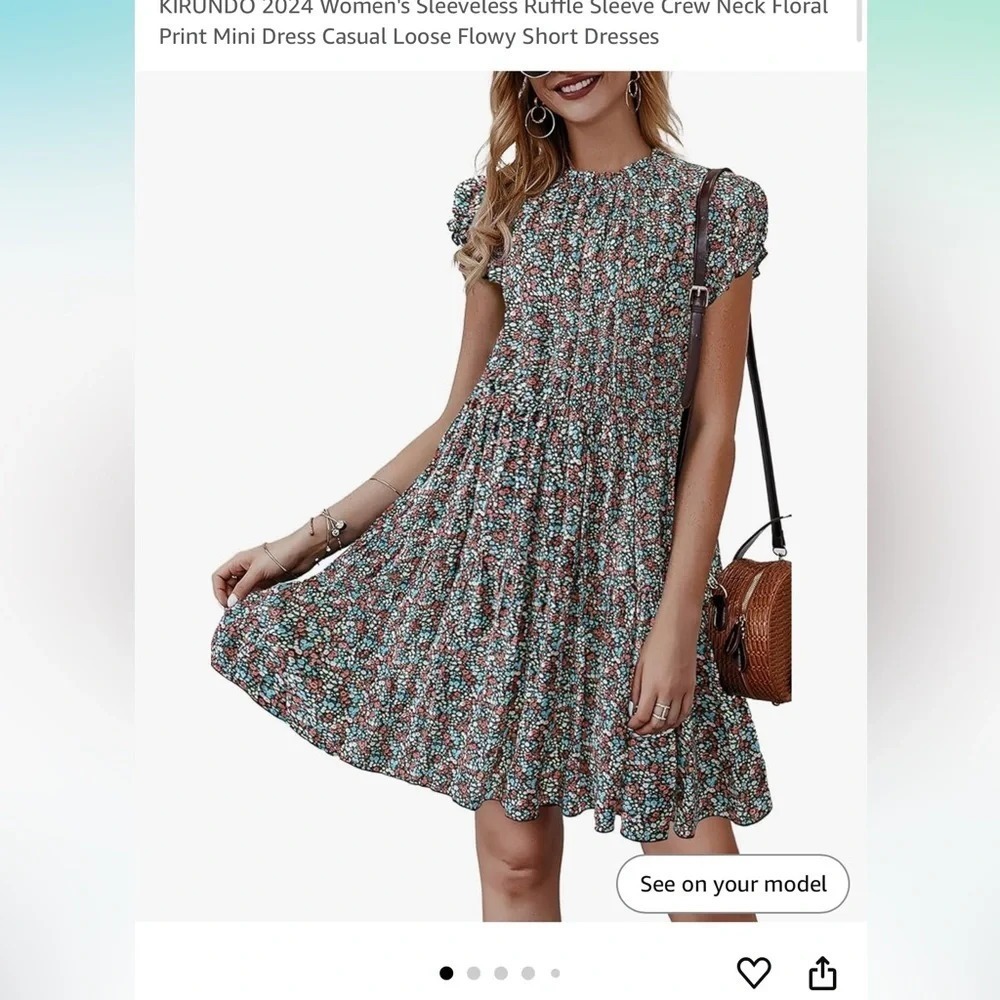 KIRUNDO Women's Floral Print Short Sleeve Ruffle Neck Tiered Mini Dress L